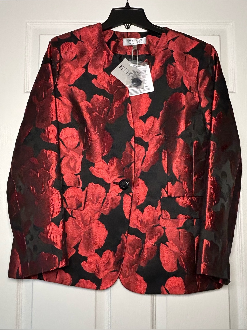 Kasper Floral Jacquard Collarless Jacket Women’s 12 Fire Red Black NWT MSRP $159